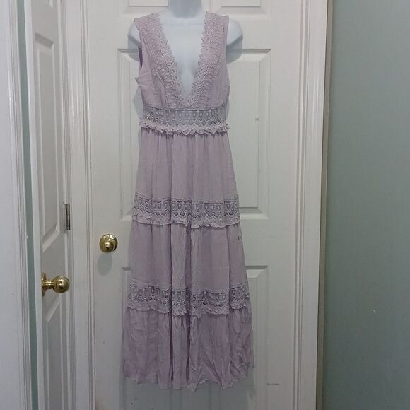Mable Savanna Maxi Sleeveless Lace Inserts Plunging Neckline Boho Dress Sz M NWT - Picture 1 of 9